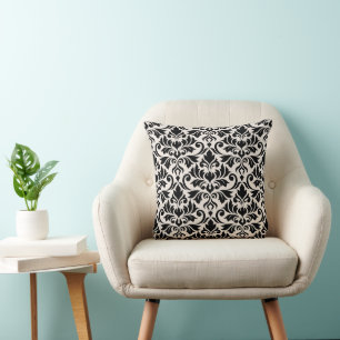 Flourish Damask 2-Wege großes Muster Schwarz + Cre Kissen