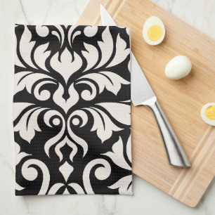 Flourish Damask Art I Creme auf Schwarz Geschirrtuch