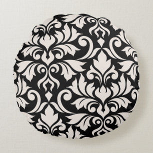 Flourish Damask Art I Creme auf Schwarz Rundes Kissen