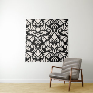 Flourish Damask Art I Creme auf Schwarz Wandteppich
