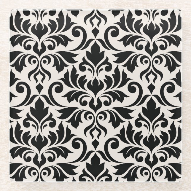 Flourish Damask Lg Pattern Black on Cream Glasuntersetzer (Vorderseite)