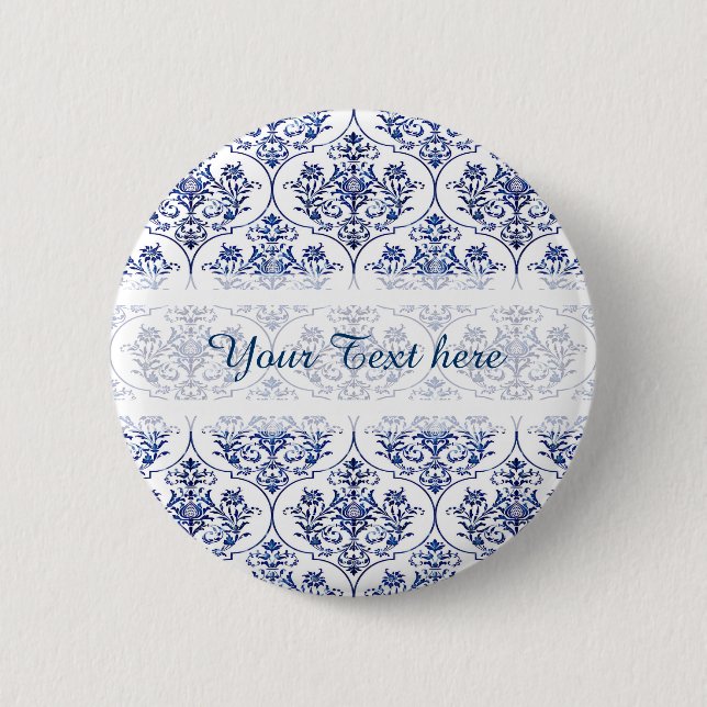 Flourish Damask Muster - blau Button (Vorderseite)