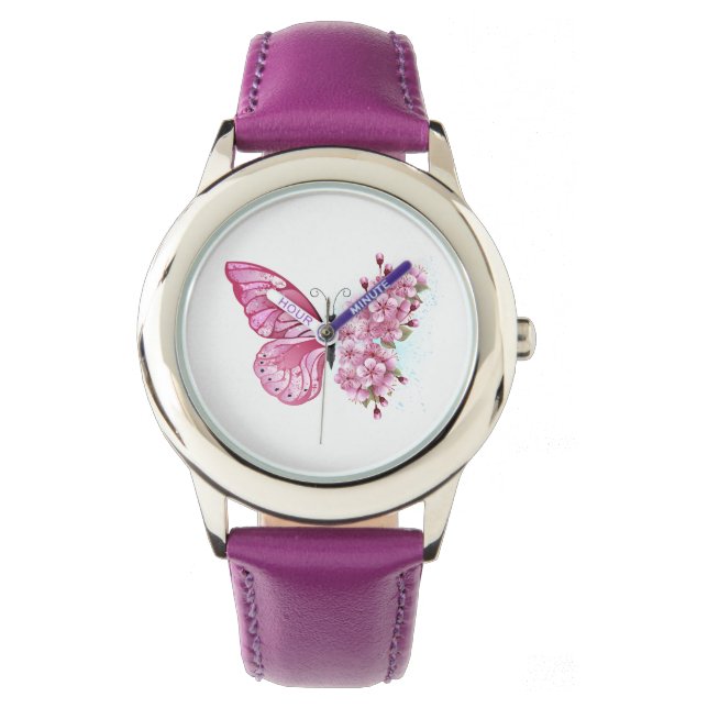 Flower Butterfly with Pink Sakura Armbanduhr (Vorderseite)