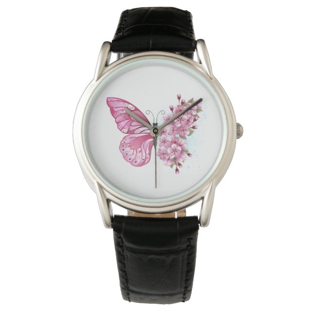 Flower Butterfly with Pink Sakura Armbanduhr (Vorderseite)