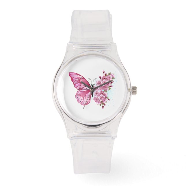 Flower Butterfly with Pink Sakura Armbanduhr (Vorderseite)