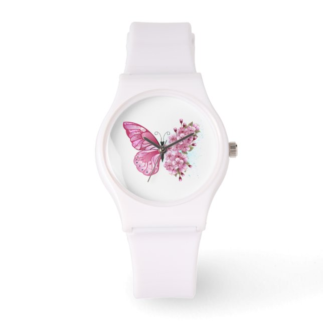 Flower Butterfly with Pink Sakura Armbanduhr (Vorderseite)
