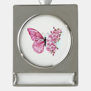 Flower Butterfly with Pink Sakura Banner-Ornament Silber