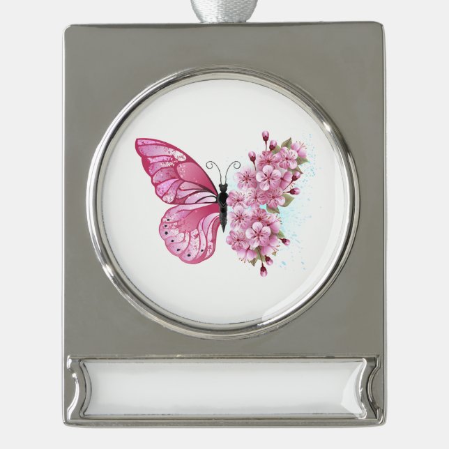 Flower Butterfly with Pink Sakura Banner-Ornament Silber (Vorderseite)