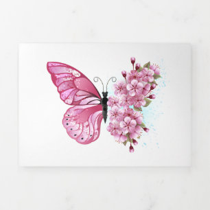 Flower Butterfly with Pink Sakura Dreifach Gefaltete Karte