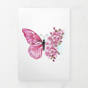 Flower Butterfly with Pink Sakura Dreifach Gefaltete Urlaubskarte