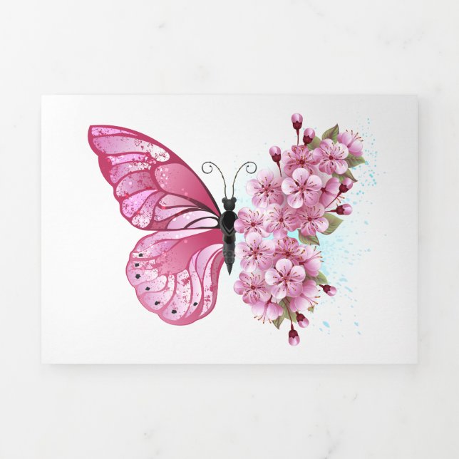 Flower Butterfly with Pink Sakura Dreifach Gefaltete Urlaubskarte (Cover)