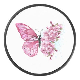Flower Butterfly with Pink Sakura Eishockey Puck