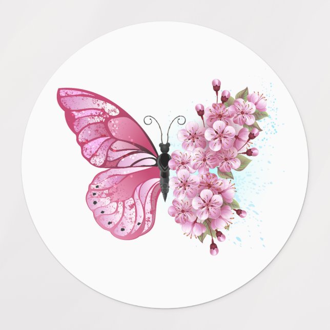 Flower Butterfly with Pink Sakura Etiketten (Design 1)
