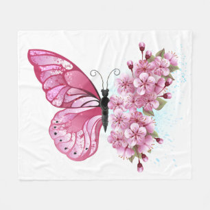 Flower Butterfly with Pink Sakura Fleecedecke