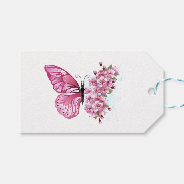 Flower Butterfly with Pink Sakura Geschenkanhänger (Vorderseite (Horizontal))