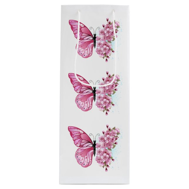 Flower Butterfly with Pink Sakura Geschenktüte Für Weinflaschen (Vorderseite)