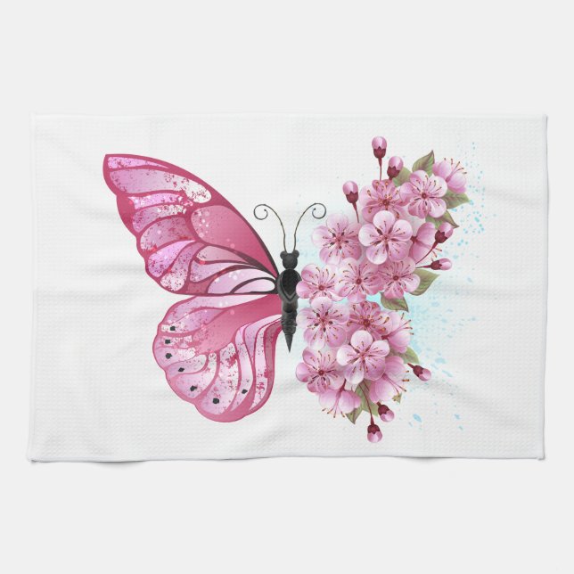 Flower Butterfly with Pink Sakura Geschirrtuch (Horizontal)
