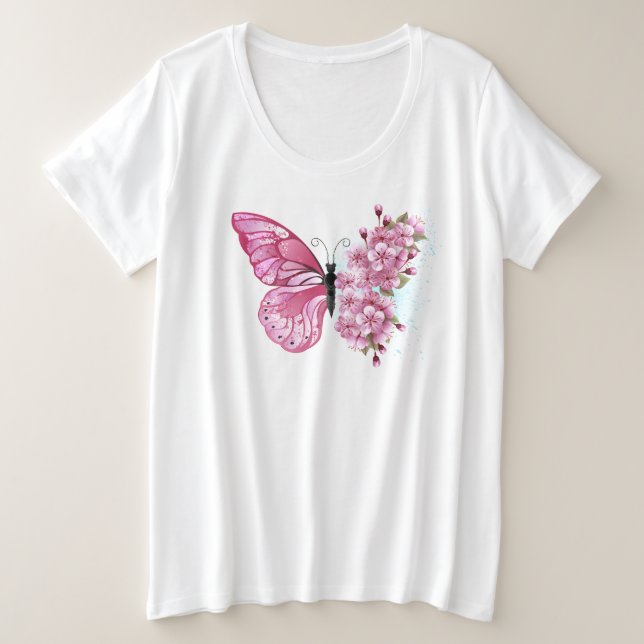 Flower Butterfly with Pink Sakura Große Größe T-Shirt (Design vorne)
