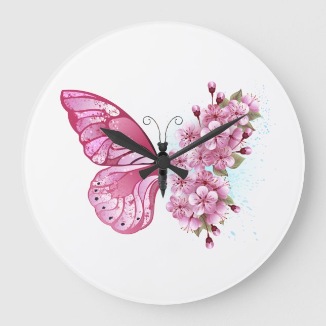 Flower Butterfly with Pink Sakura Große Wanduhr (Vorderseite)
