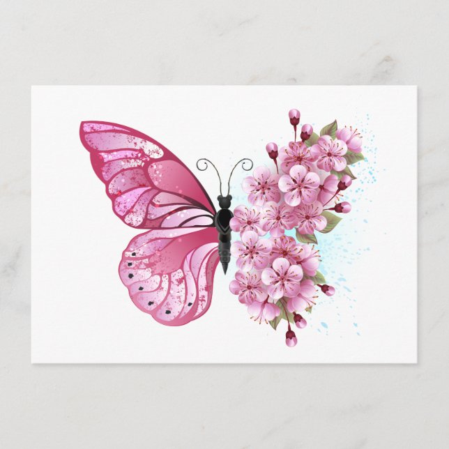 Flower Butterfly with Pink Sakura Hinweiskarte (Vorderseite)