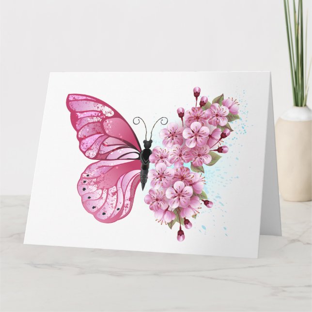 Flower Butterfly with Pink Sakura Karte (Vorderseite)
