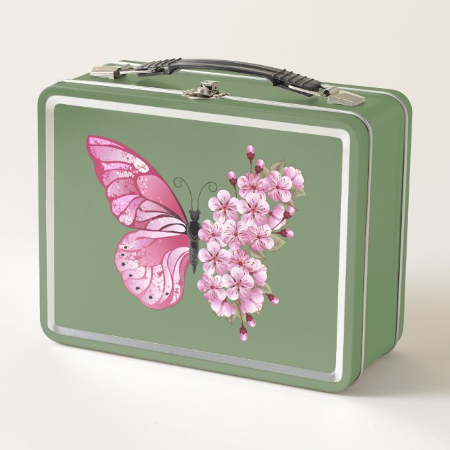 Flower Butterfly with Pink Sakura Metall Brotdose (Vorderseite)