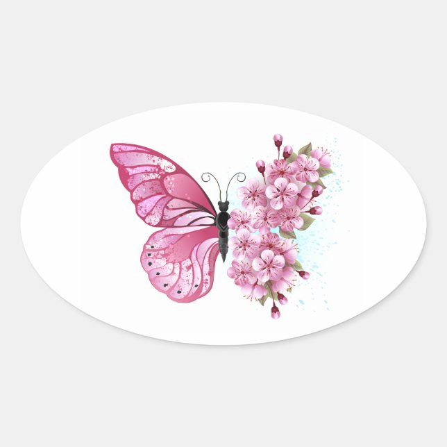 Flower Butterfly with Pink Sakura Ovaler Aufkleber (Vorderseite)