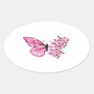 Flower Butterfly with Pink Sakura Ovaler Aufkleber