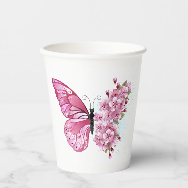 Flower Butterfly with Pink Sakura Pappbecher (Vorderseite)