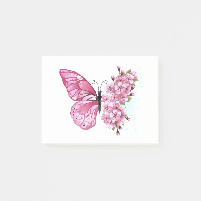 Flower Butterfly with Pink Sakura Post-it Klebezettel (Vorderseite)