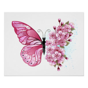 Flower Butterfly with Pink Sakura Poster