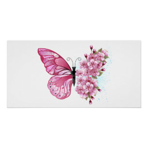 Flower Butterfly with Pink Sakura Poster