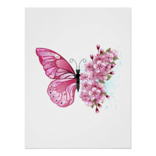 Flower Butterfly with Pink Sakura Poster