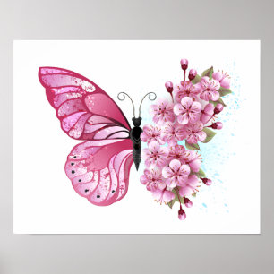 Flower Butterfly with Pink Sakura Poster