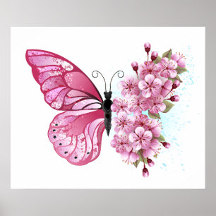 Flower Butterfly with Pink Sakura Poster