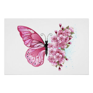 Flower Butterfly with Pink Sakura Poster