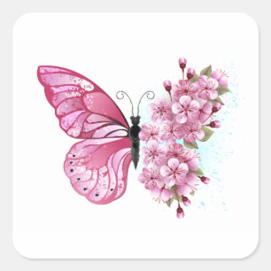 Flower Butterfly with Pink Sakura Quadratischer Aufkleber
