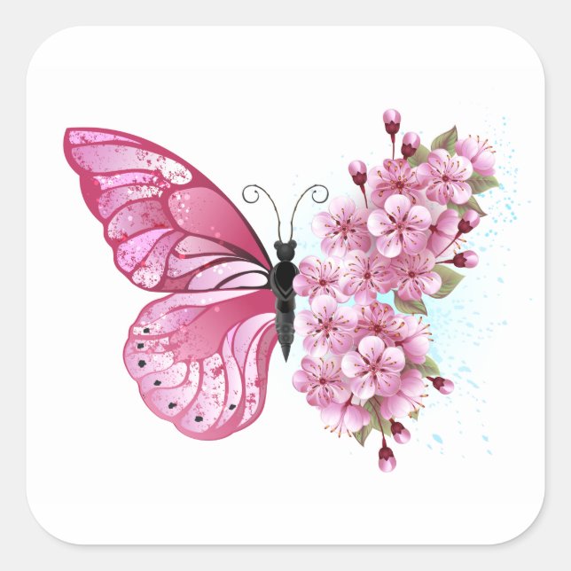 Flower Butterfly with Pink Sakura Quadratischer Aufkleber (Vorderseite)