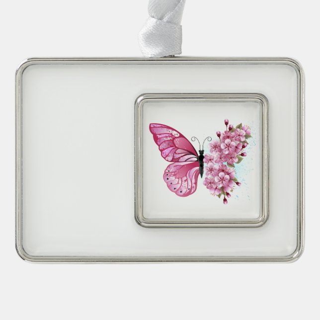 Flower Butterfly with Pink Sakura Rahmen-Ornament Silber (Vorderseite)