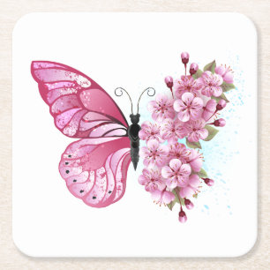 Flower Butterfly with Pink Sakura Rechteckiger Pappuntersetzer