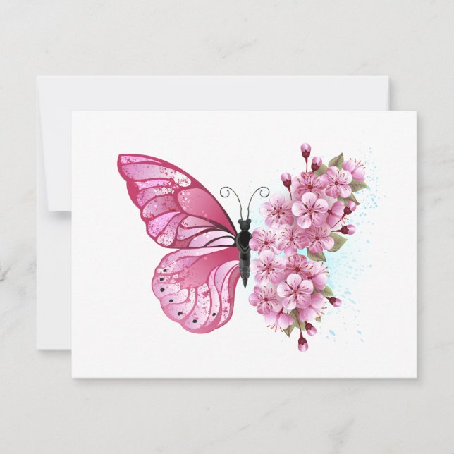 Flower Butterfly with Pink Sakura RSVP Karte (Vorderseite)