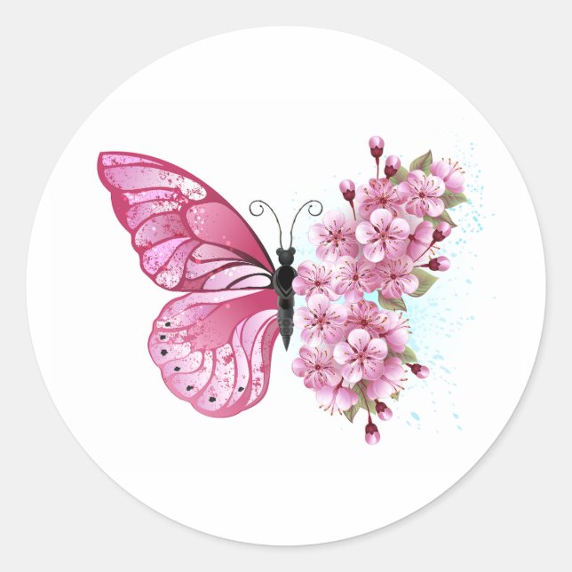Flower Butterfly with Pink Sakura Runder Aufkleber (Vorderseite)