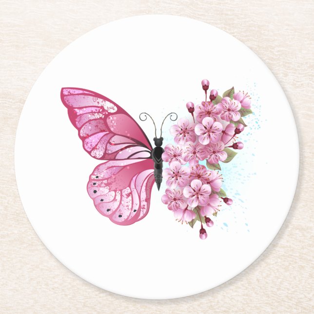 Flower Butterfly with Pink Sakura Runder Pappuntersetzer (Vorderseite)