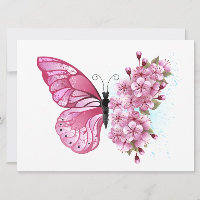 Flower Butterfly with Pink Sakura Save The Date (Vorderseite)