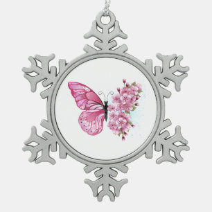 Flower Butterfly with Pink Sakura Schneeflocken Zinn-Ornament