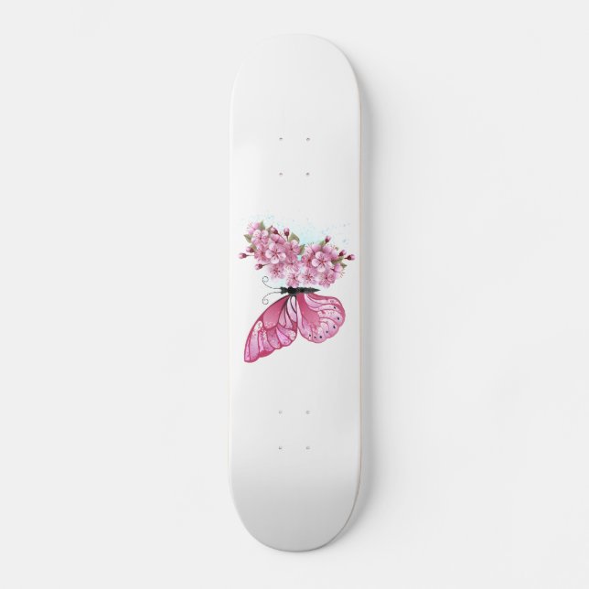Flower Butterfly with Pink Sakura Skateboard (Vorderseite)