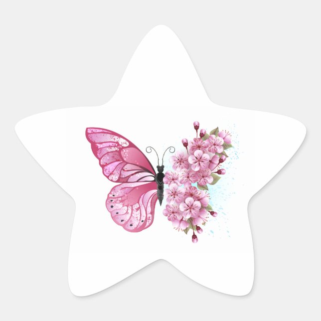 Flower Butterfly with Pink Sakura Stern-Aufkleber (Vorderseite)