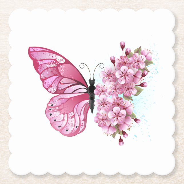 Flower Butterfly with Pink Sakura Untersetzer (Vorderseite)