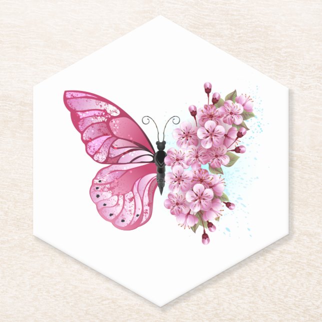 Flower Butterfly with Pink Sakura Untersetzer (Vorderseite)