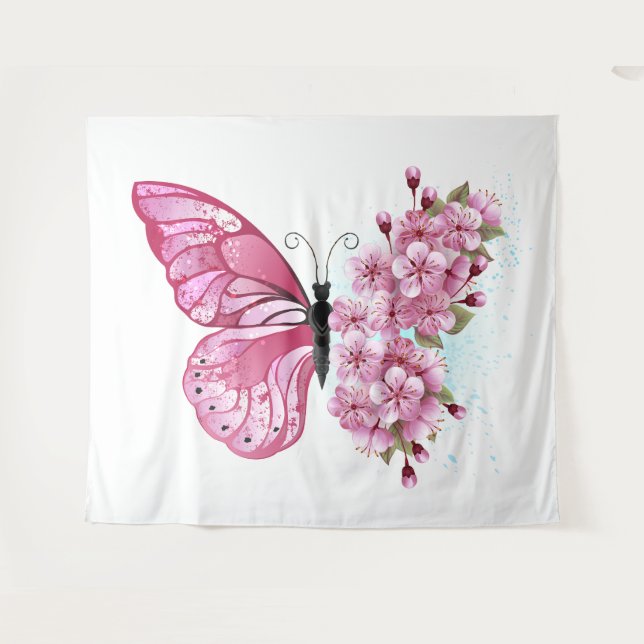 Flower Butterfly with Pink Sakura Wandteppich (Vorderseite (Horizontal))